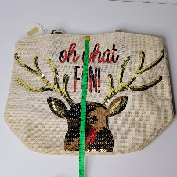 Mud pie Jute Sequin Holiday Reindeer Tote, Gift Bag, Leather Straps, Oh What Fun - Picture 9 of 11